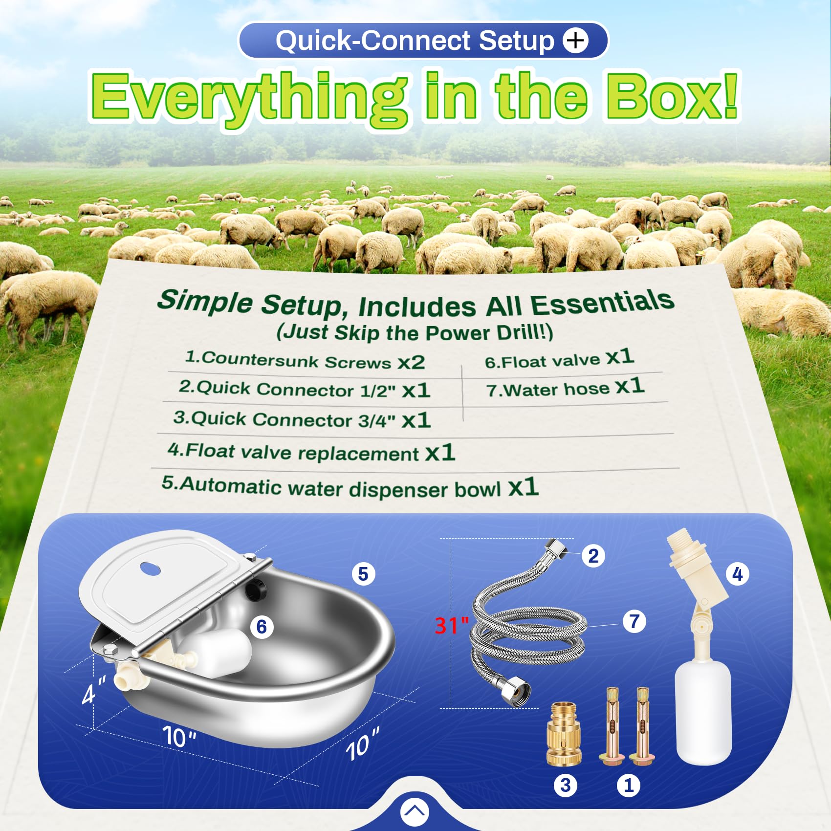 Automatic Animal Drinking Water Bowl with Float Valve, Standard Pipe,3L Stainless Steel Waterer Feeder Farm Dog Dispenser Kit Self Filling for Livestock Horse Goat Water Trough