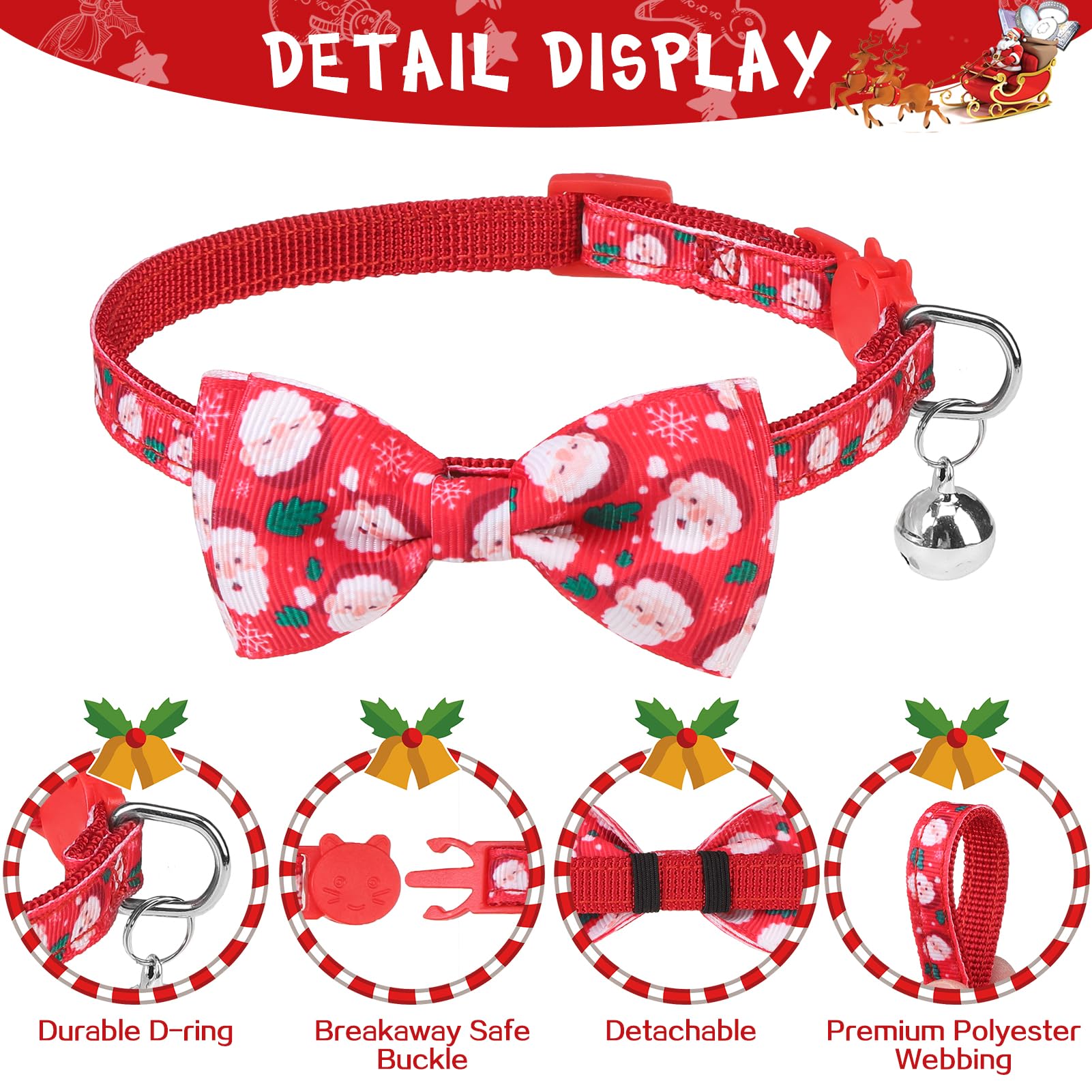 SCENEREAL Christmas Cat Collar Breakaway with Bells and Bow Tie- 3 Pack Cute Holiday Cat Collars- Xmas Kitten Collar Adjustable Safety Buckle for Girl Boy Cats Dogs Pets
