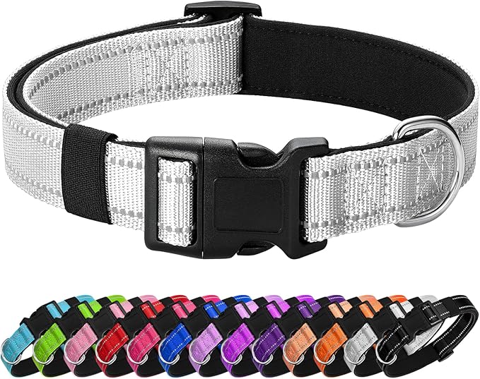 PenSeepet Reflective Dog Collar Padded with Soft Neoprene Breathable Quick Release Basic Dog Collars for Medium Large Dogs Boy Girl Silver