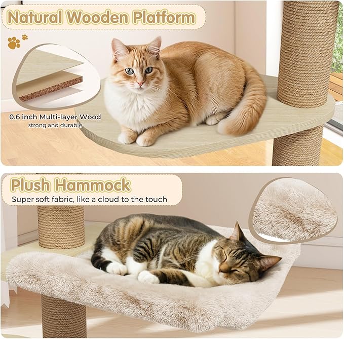 Erinnyees Cat Tree, Floor to Ceiling Cat Tree Height (86-110 in) Adjustable Cat Tower 6 Tier Hemp Scratching Post Cats Activity Center Removable Washable Pads