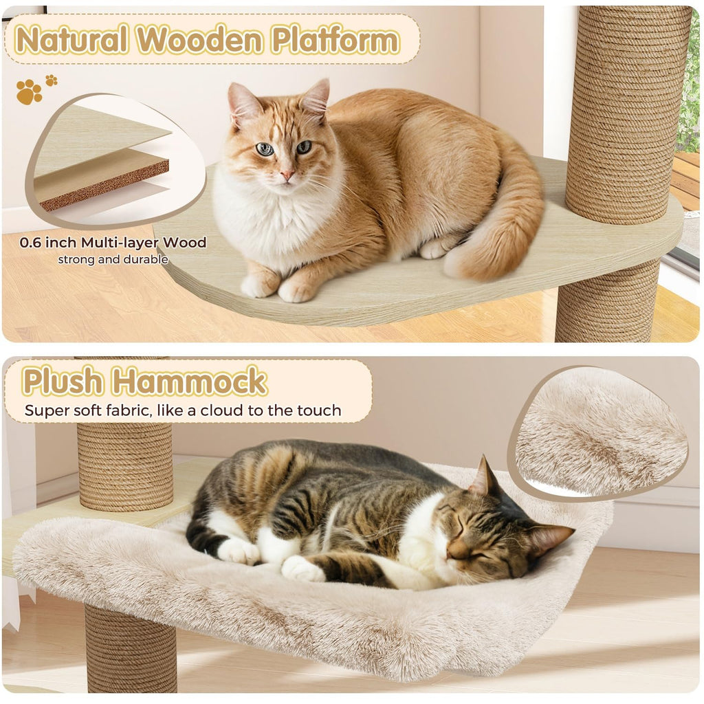 Erinnyees Cat Tree, Floor to Ceiling Cat Tree Height (86-106 in) Adjustable Cat Tower 6 Tier Hemp Scratching Post Cats Activity Center Removable Washable Pads
