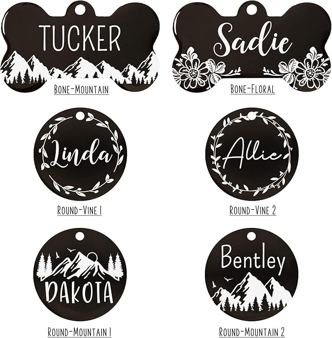 UltraJoys Stainless Steel Pet ID Tag Dog Name Tags Personalized Front and Back Engraving, Customized Dog Tags and Cat Tags, Optional Engraved on Both Sides, Round Tag with Vine Design 2, Small Black