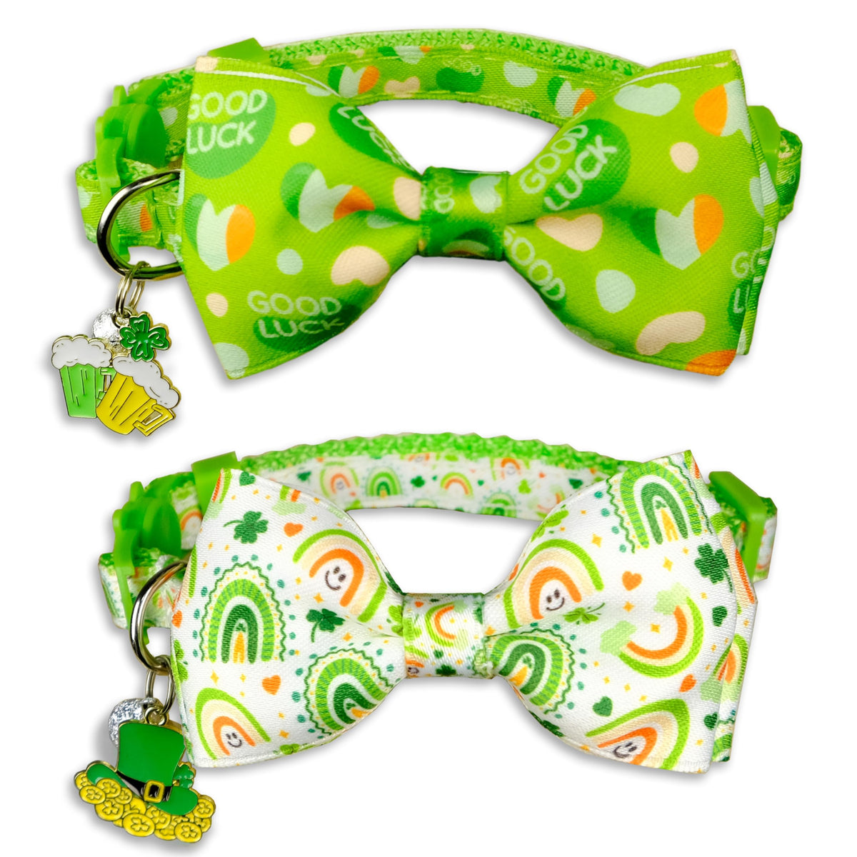 2 Pack St. Patrick's Day Cat Collars with Bow Tie and Charms, Adjustable Breakaway Shamrock and Clover Collars for Cats and Kittens, Holiday Festive Design for Boys and Girls