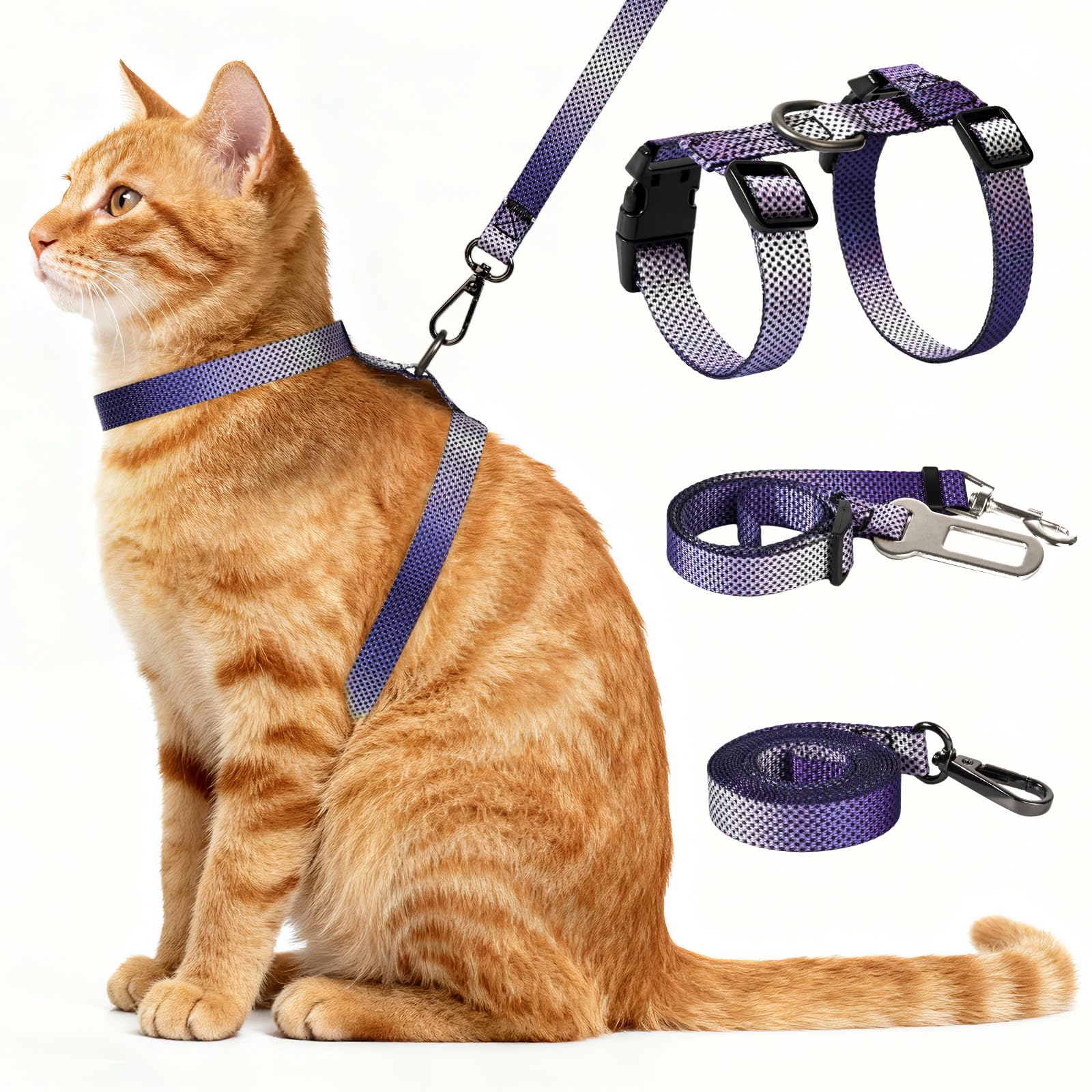 Cat Harness and Leash Set, 3-in-1 Escape Proof Adjustable, Comfortable Soft Lightweight, Safe, Easy to Wear, Walking Travel Kitten Harness for Small Medium Large Cats (Purple)