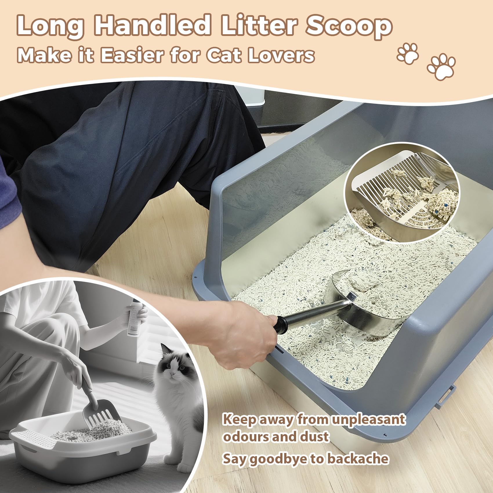 Cat Litter Scoop Deep Shovel, Detachable Long Handle Litter Scooper, Strip