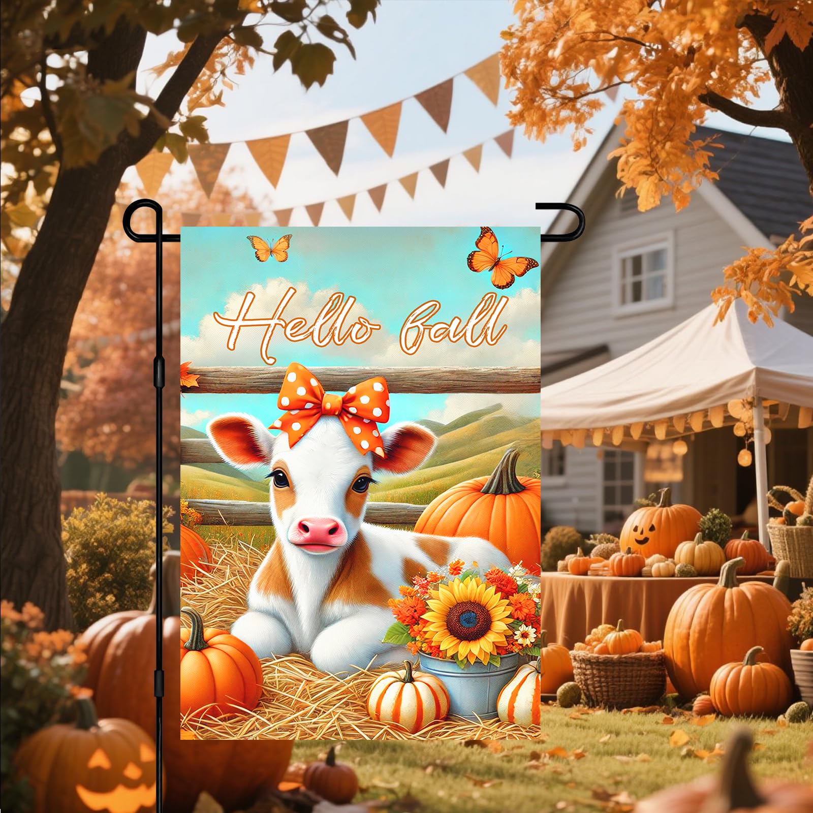 BlissYard Hello Fall Garden Flag 12x18Inch Calf Pumpkins Decor