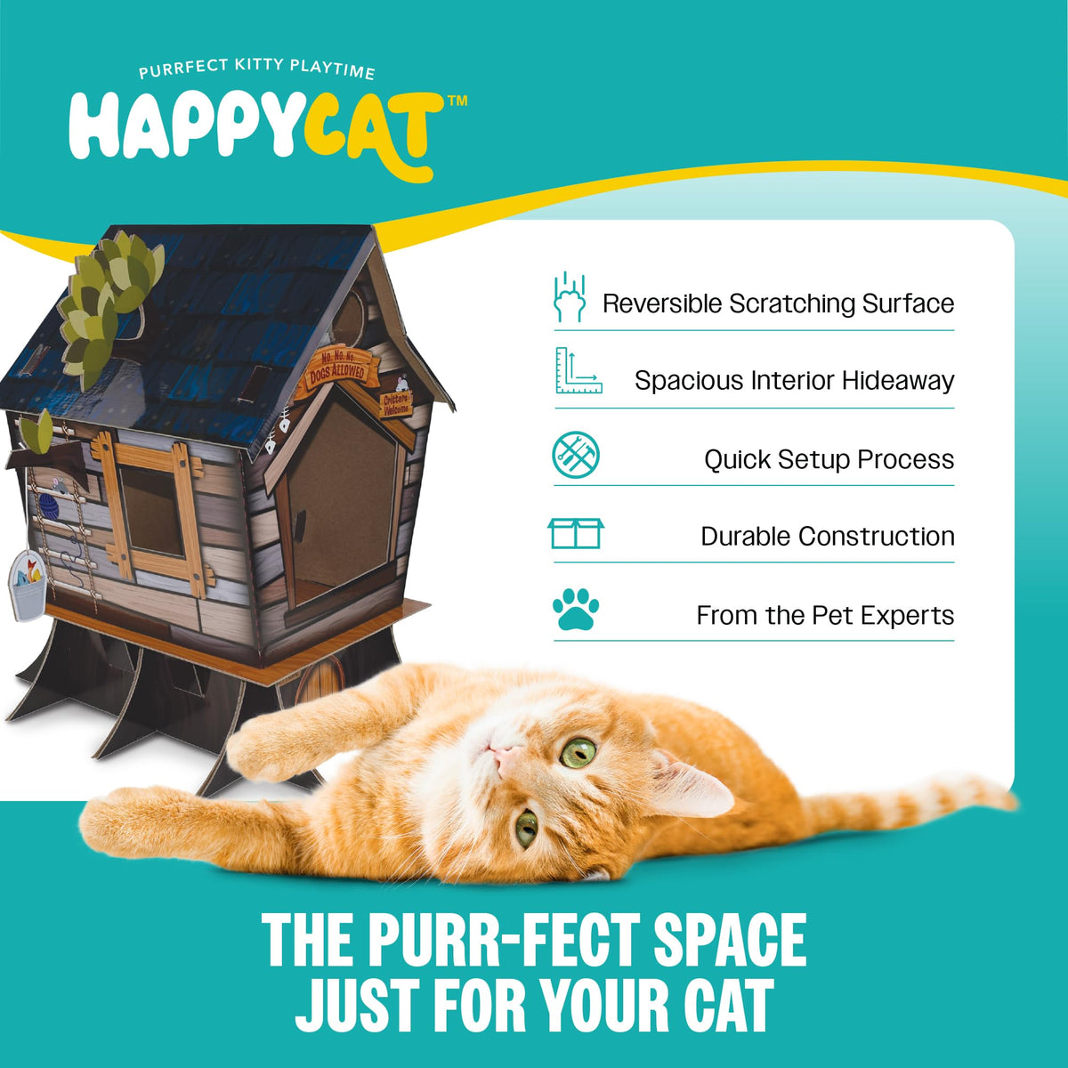 HappyCat Tree House Cat Scratcher House - Natural-Themed Cardboard Cat Playhouse, Scratch Panels, Spacious Interior & Scratch Surfaces - Sturdy Indoor Cat Activity Center