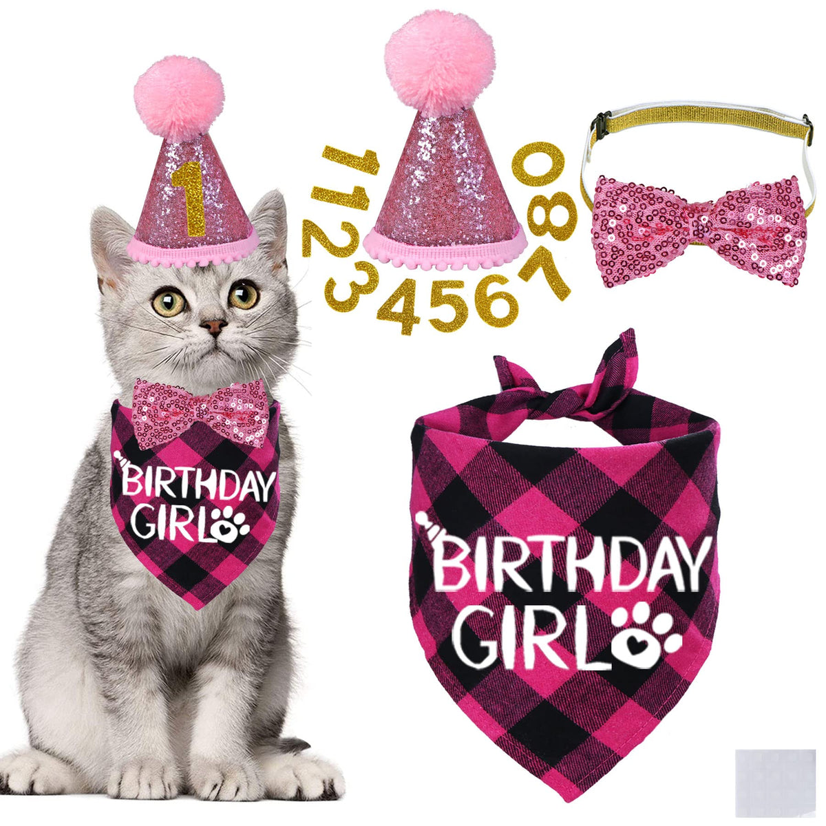 STMK Cat Birthday Party Supplies, Cat Birthday Hat Bandana Bow Tie Collar Number Banner Garland Meow Letter Balloons for Cats Kitten Outfits Decorations (Pink)