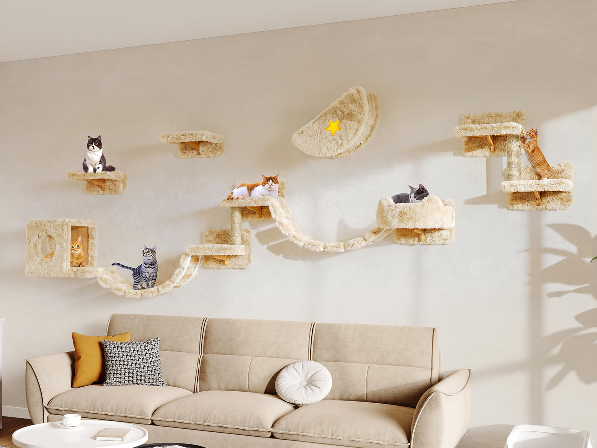 Homiflex 13-in-1 Cat Wall Shelves, Moon & Bridge Cat Wall Furniture, Beige