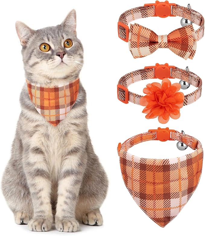VKPETFR Breakaway Cat Collar with Removable Bow Tie and Bell, Cute Multi-Style Patterns, 3 Pack Safety Buckle Kitten Collars, Adjustable Pet Collar for Cats Puppy (Style B - Nature)