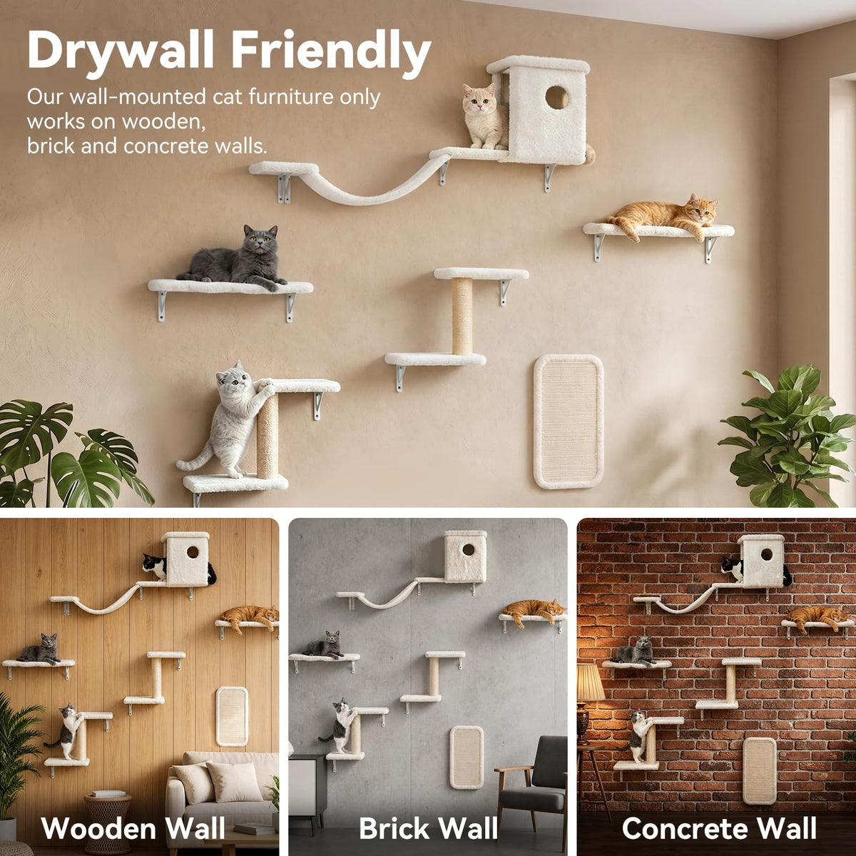 6‑in‑1 Cat Wall Shelves, Wall Mounted Cat Furniture Set with Scratching Posts, Cat Bed & Bridge, Space Saving Cat Climbing Perch for Kittens & Cats Up to 22 Lbs, Black