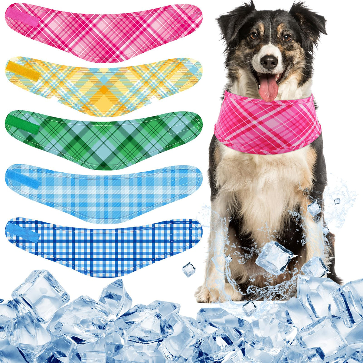 Talltalk 5 Pcs Dog Cooling Bandanas Neck Wraps Pet Collar, Plaid, XL