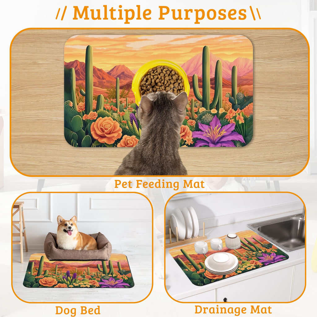 Pet Feeding Mat,Cactus Absorbent Dog Cat Food Mat Desert Dog Mat with Rubber Backing,Non-Slip Water Bowl Placemat,Pet Supplies 16" x 24"