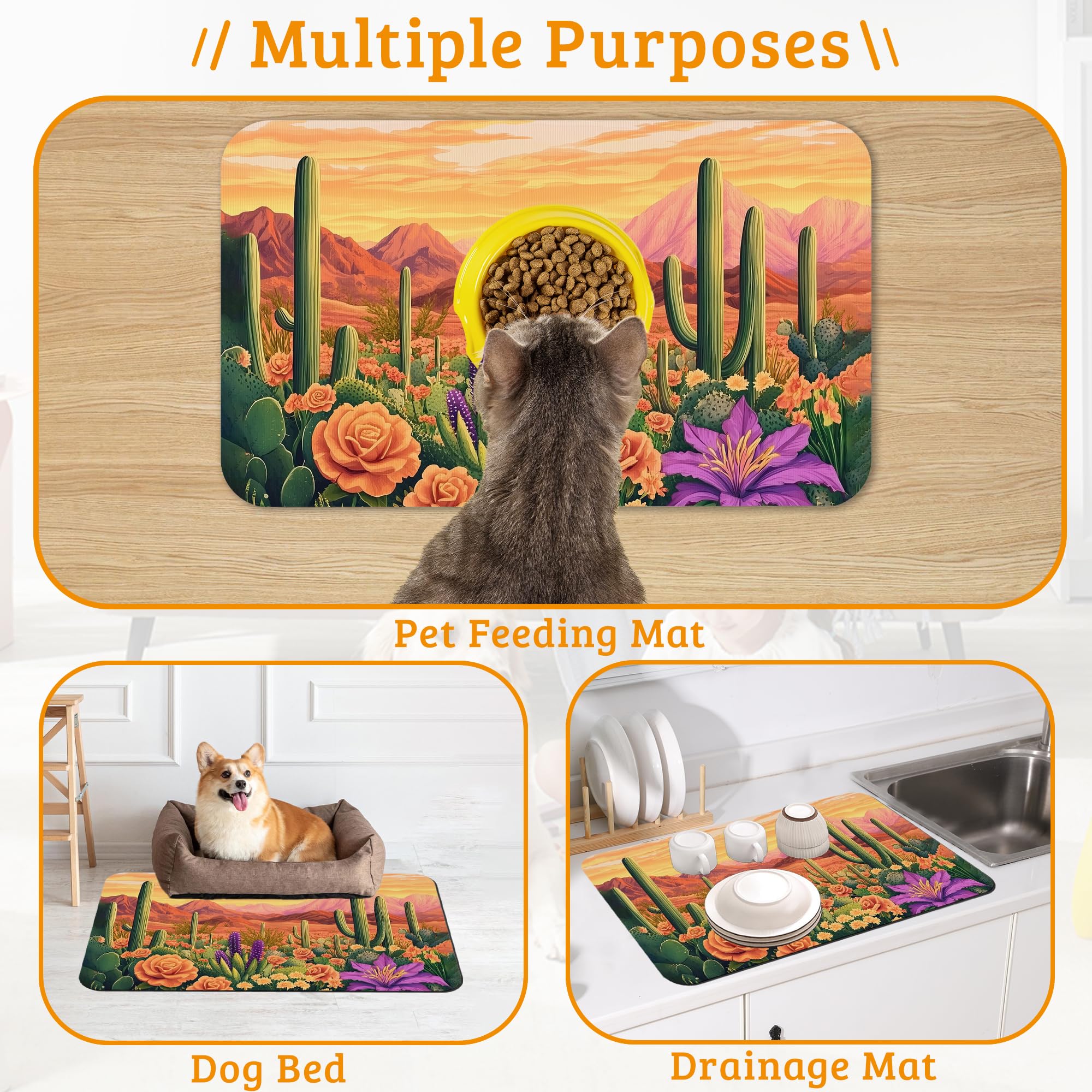 Pet Feeding Mat,Cactus Absorbent Dog Cat Food Mat Desert Dog Mat with Rubber Backing,Non-Slip Water Bowl Placemat,Pet Supplies 16" x 24"