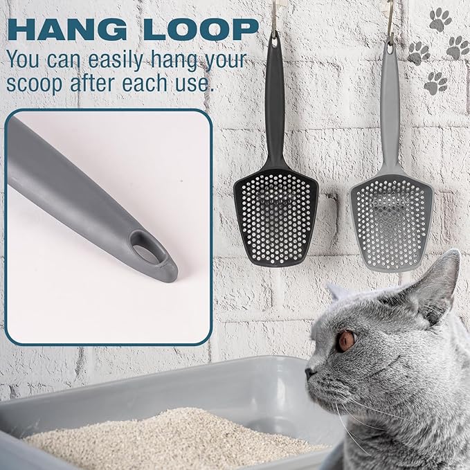 Set of 1 Cat Litter Scoop with Small Holes, Deep Sifting Shovel for Fine Litter, Reptile Terrarium Sand & Rabbit Pooper Lifter, Hanging Handle Poop Scooper (Black, Set of 1)
