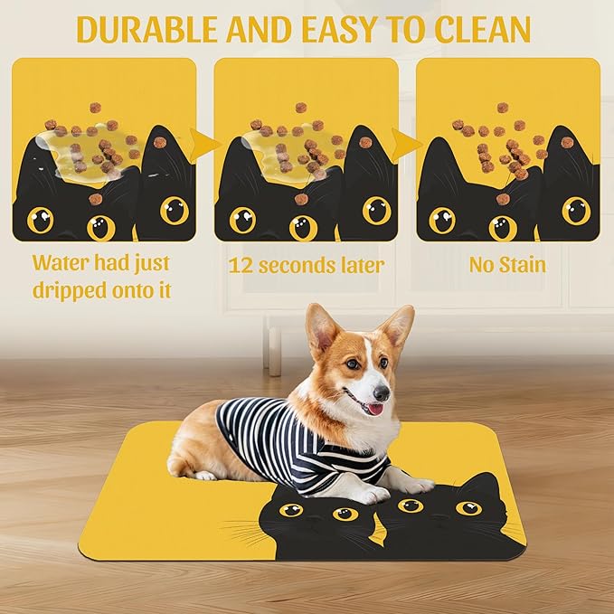 Cute Black Cat Peeking Pet Bowl Mat, Absorbent Placemat for Food and Water, Waterproof Non-Slip Rubber Base – 16x24 Inch