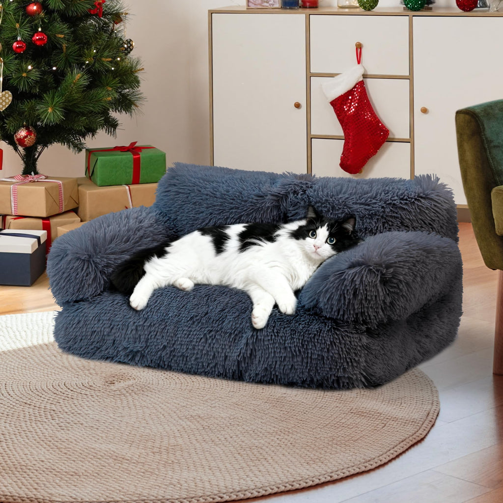 FURMORENE Cat Beds for Indoor Cats, Dog Couch Bed, Cute Cat Couch Sofas, Small Dog Sofas & Chairs with Removable Washable Cover, Warm Soft Pet Furniture for 20lbs Small Dog & Cat, Plush Dark Grey
