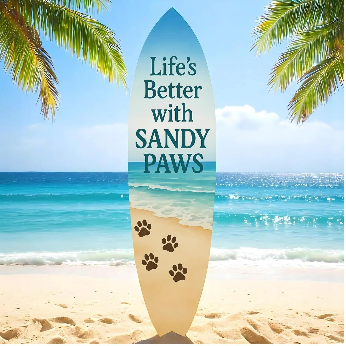 JennyGems Outdoor Decorative Surfboard Wall Art, Pet Wall Decor for Porch, Pool, Fence, PVC Beach House Decoration, Life's Better Sandy Paws, 4 foot