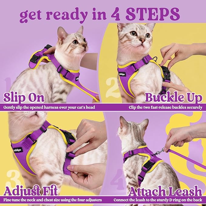 rabbitgoo Cat Harness and Leash for Walking, Escape Proof Soft Adjustable Vest Harnesses for Cats, Easy Control Breathable Reflective Strips Jacket, Purple&Yellow, M