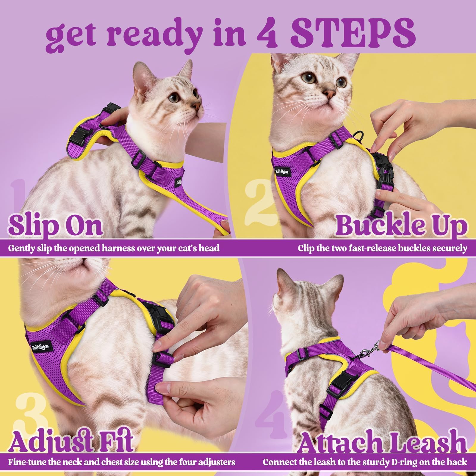 rabbitgoo Cat Harness and Leash Set, Escape Proof Vest, Purple & Yellow
