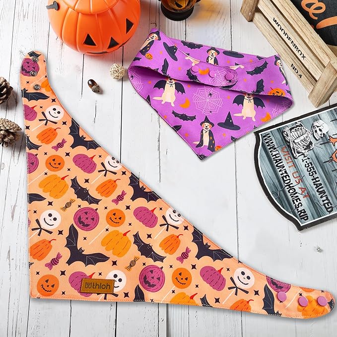 Halloween Dog Bandanas - 2 Pack Purple Dog Bandana with Snap Button | Reversible Pet Scarf for Boy & Girl | Premium Durable Fabric | Holiday Bandana for Small and Medium Dogs (Small)