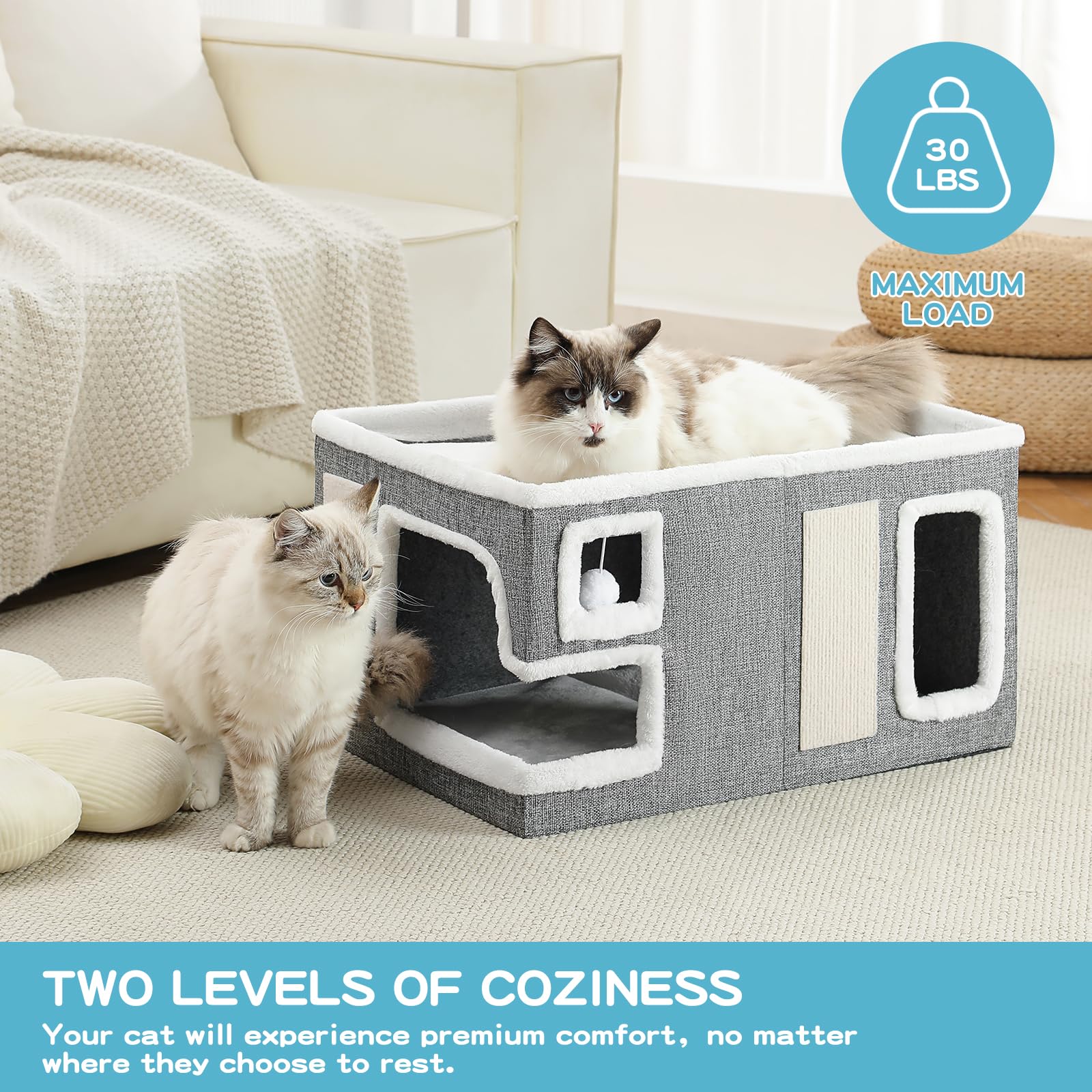 Crispedia Large Cat Houses for Indoor Cats, Extra Wide Cat Cave Bed with Scratch Pad and Fluffy Ball, Foldable Cat Hideaway Condo for Large Cats, Modern Kitten Bed,23x16x13 inches (Grey, X-Large)
