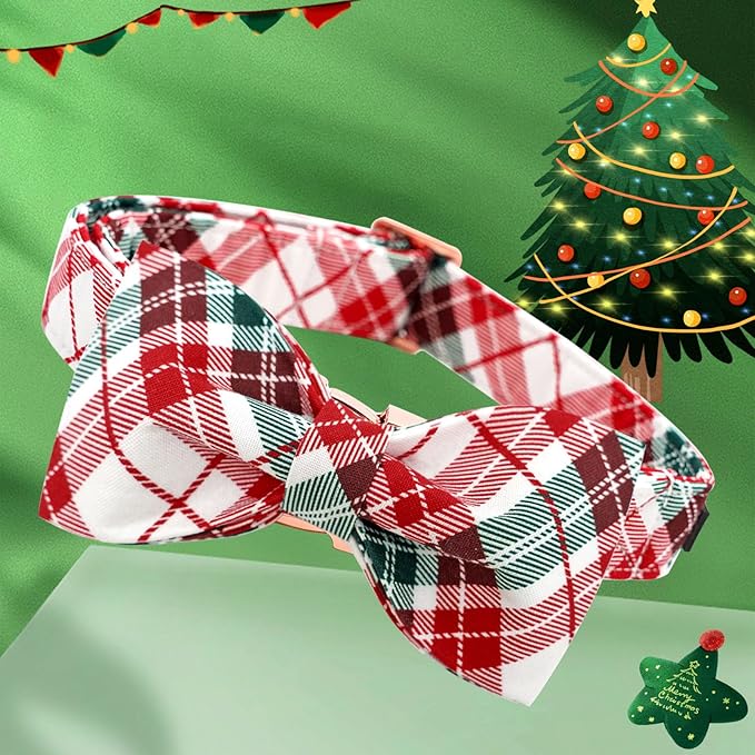 Dog Collar, Christmas Dog Collar Plaid Pet Collar Bow Holiday Bows Girl Boy Puppy Collar Adjustable Pet Collar for Medium Dogs