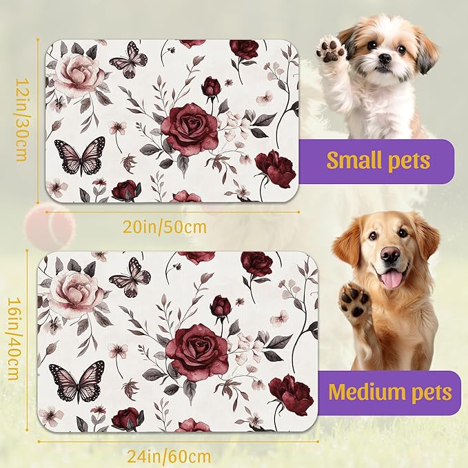 Vintage Flower Butterfly Dog Cat Food Mat, Absorbent Feeding Placemat, Waterproof Non-Skid Bottom – 16x24 Inch