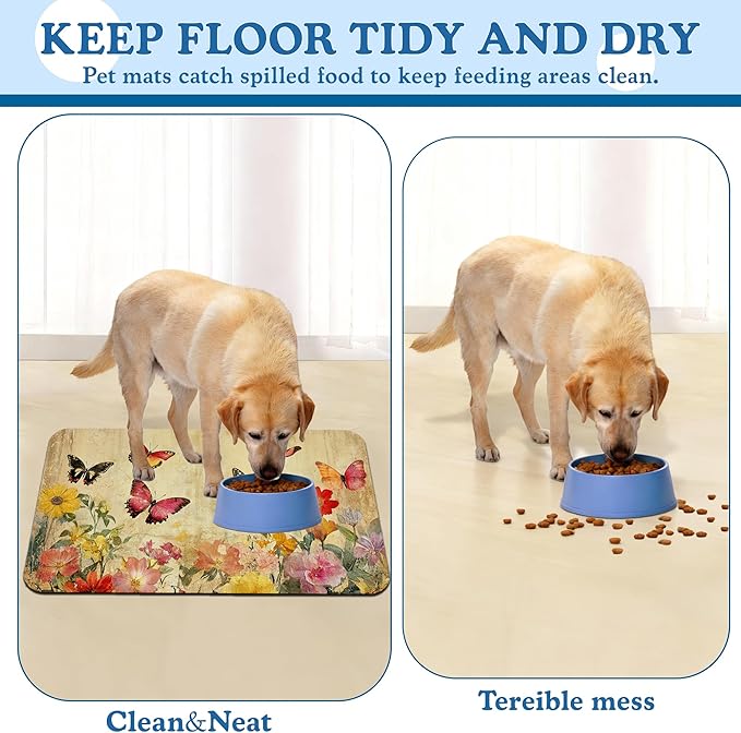 Vintage Butterfly Floral Pet Food Mat for Cats and Dogs–Absorbent Quick Dry Feeding Placemat, Non Slip Rubber Base, Waterproof Bowl Mat for Indoor Use, Pet Supplies 12"x20"