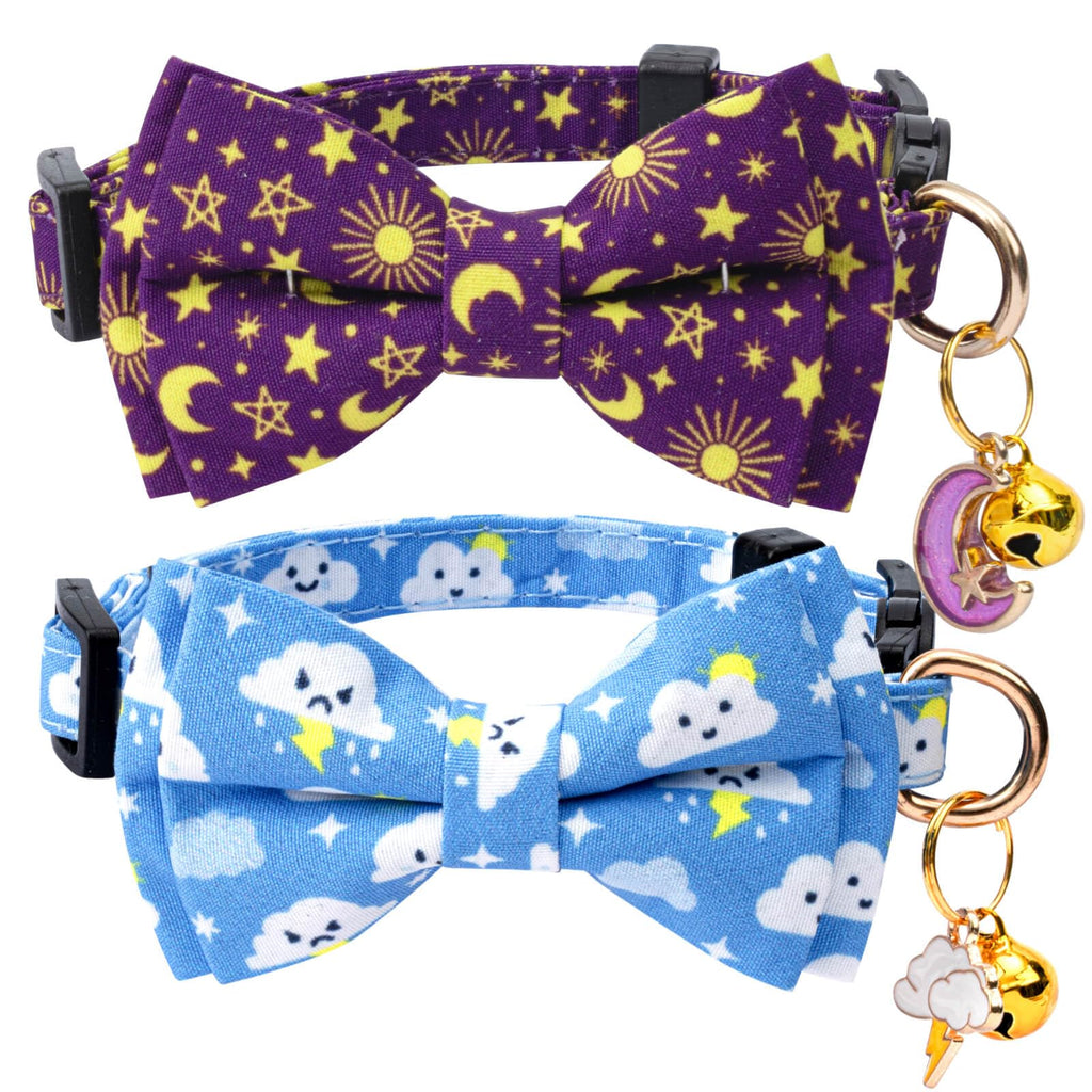 Jelwuion 2 Pack Cotton Cat Collar with Bow Tie and Bell for Girl Boy Cats,Cute Pink Flamingo and Blue Whale Pattern Spring Summer Breakaway Cat Collar for Male Female Cats (Moon&Cloud)