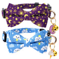Jelwuion 2 Pack Cotton Cat Collar with Bow Tie and Bell for Girl Boy Cats,Cute Pink Flamingo and Blue Whale Pattern Spring Summer Breakaway Cat Collar for Male Female Cats (Moon&Cloud)