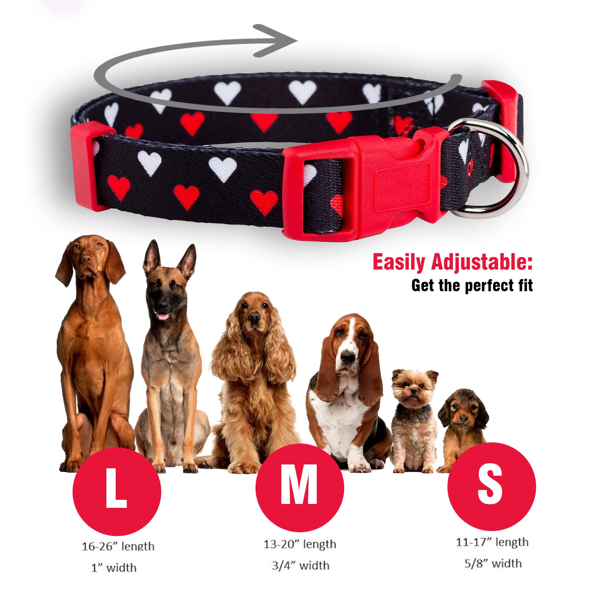 Native Pup Valentine’s Dog Collar- Valentines Day Pet Collars- Valentine Girly Hearts- Pink Red Heart- Cute Boy Girl Puppy Gift- Adjustable for Small, Medium, Large Breeds (White & Red Hearts, Small)