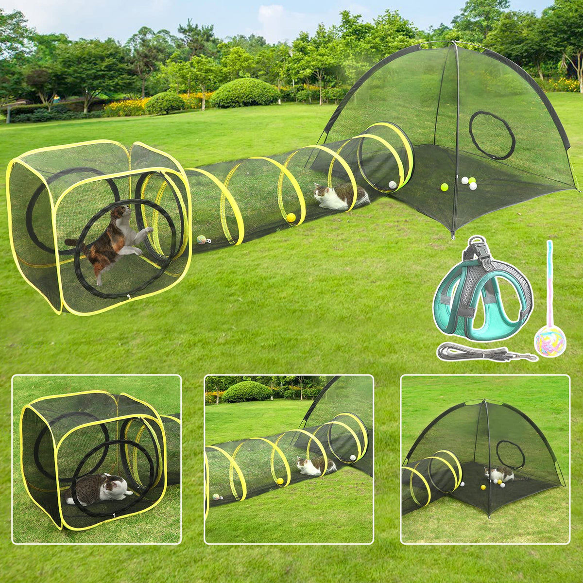 Outdoor Cat Enclosures Indoor, Portable Mesh Tent, Tunnel, Playhouse With Adjustable Harness and Leash for Walking, Colorful Tease Ball for Animals