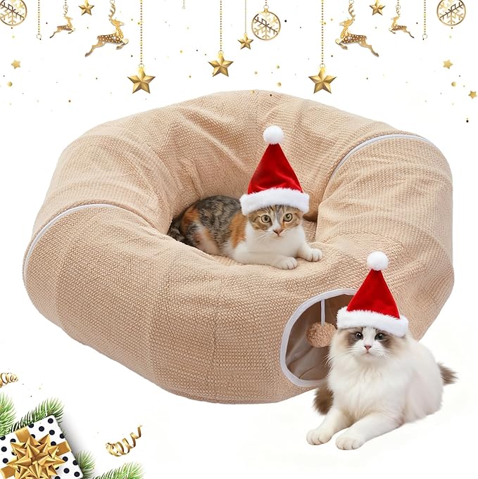 PEQULTI Beige Donut Cat Tunnel Bed Washable Plush Mat Multi for Small Pets