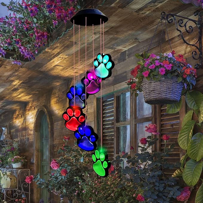 Paw Print Solar Wind Chimes, Color Changing Paw Prints Solar Lights Outdoor