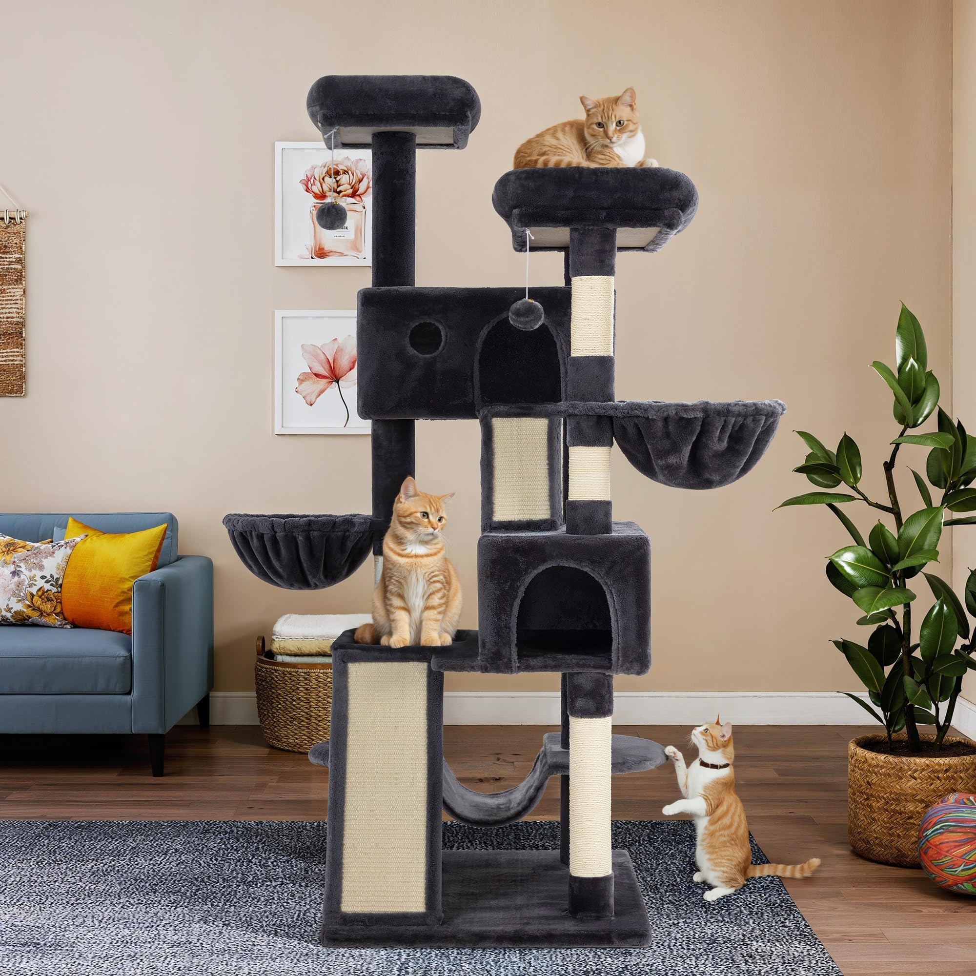 WEEWAY Cat Tree Tower for Indoor Cats,65'' Multi-Level Cat Furniture Activity Center,Stand House Condo Cave,Sisal Scratching Posts Ramps,Plush Perches Platforms Basket Hammock, Dark Grey