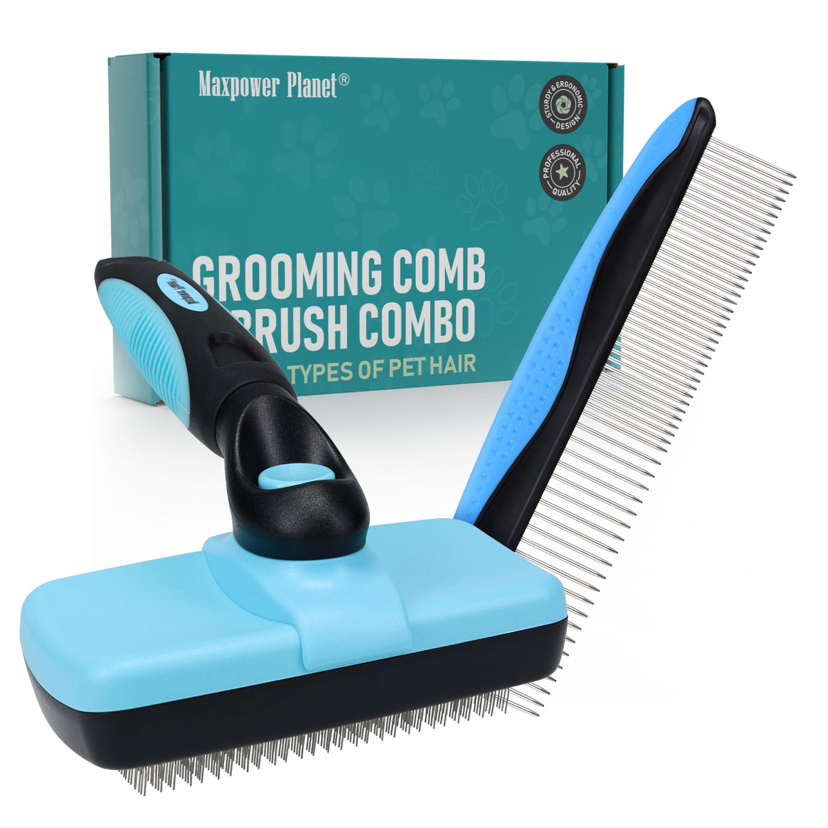 Maxpower Planet Pet Grooming Brush - Double Sided Dematting Undercoat Rake for Dogs and Cats, Extra Wide Pet Brush to Reduce Shedding by 95% (Blue, S)