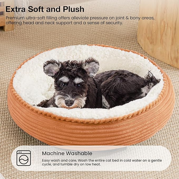 Love's cabin Round Donut Cat and Dog Cushion Bed, 25in Pet Bed for Small or Medium Dogs, Anti-Slip & Water-Resistant Bottom, Soft Durable Fabric Pet Beds, Washable Calming Cat Bed Orange Stripe