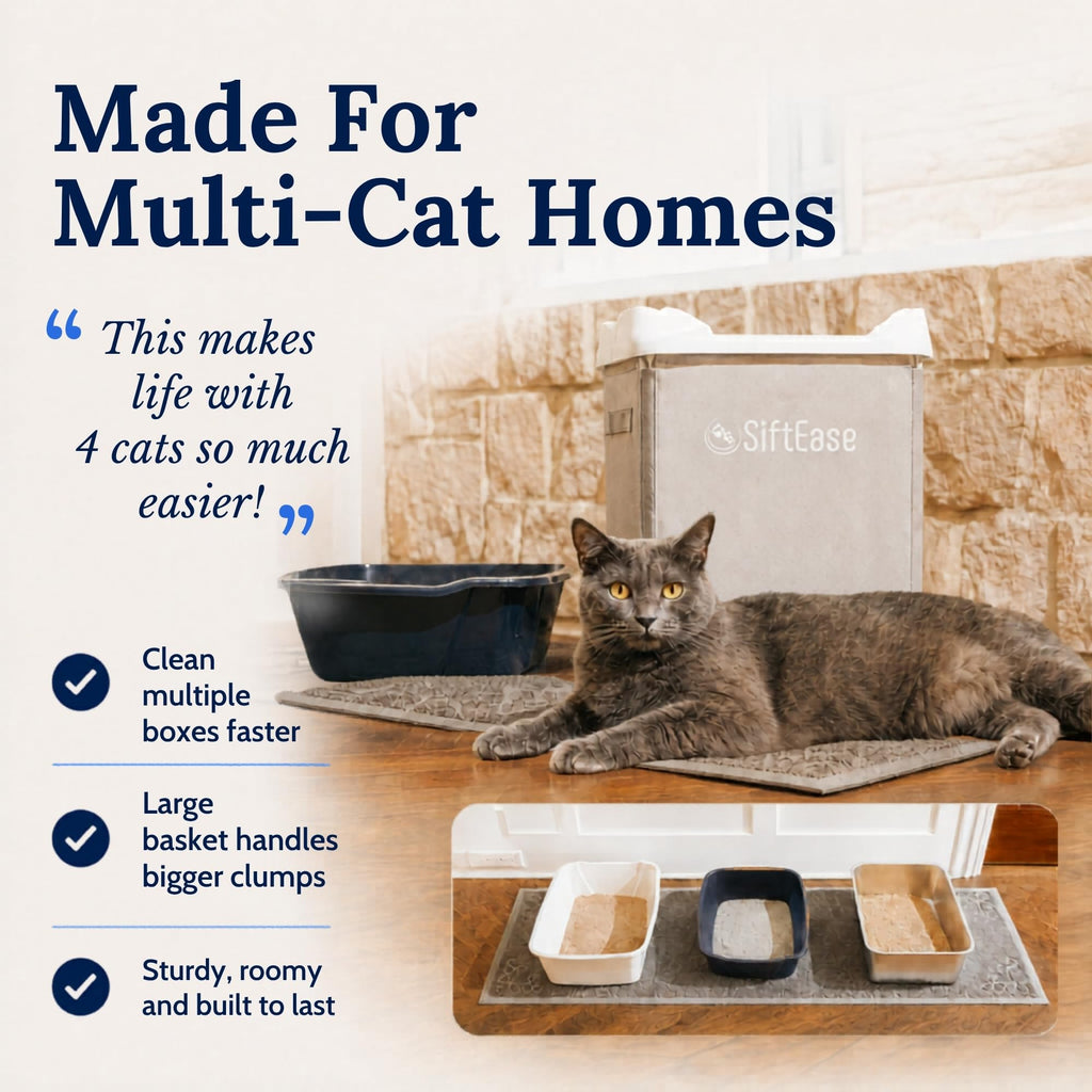 Cat Litter Sifter - SiftEase Litter Box Sifting, Fast Scoop Free Cleaning, Large Sift with Bin for Longer Lasting Litter, Easy Clean Sifting Litter Box Cleaner (Light Grey)
