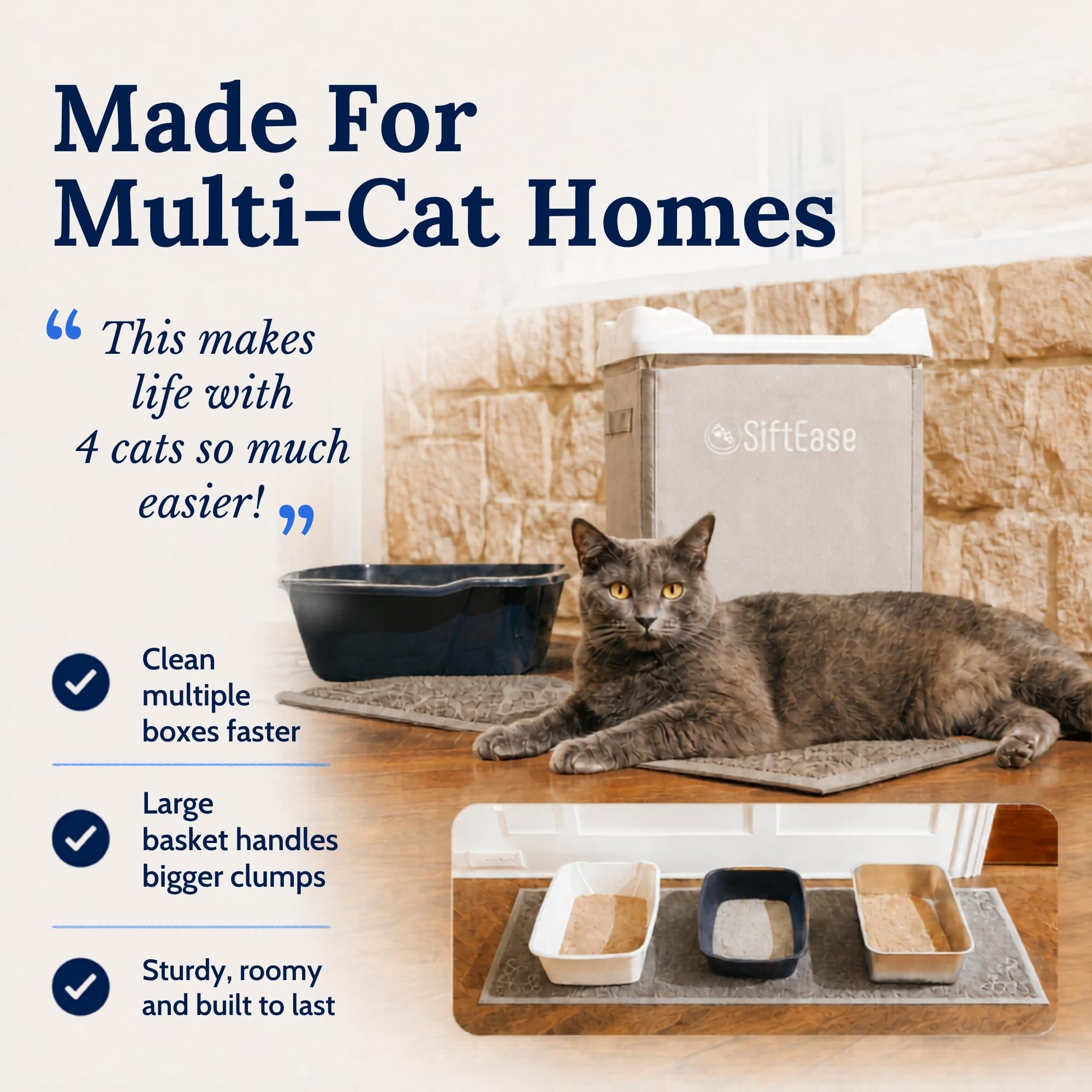 Cat Litter Sifter - SiftEase Litter Box Sifting, Fast Scoop Free Cleaning, Large Sift with Bin for Longer Lasting Litter, Easy Clean Sifting Litter Box Cleaner (Light Grey)