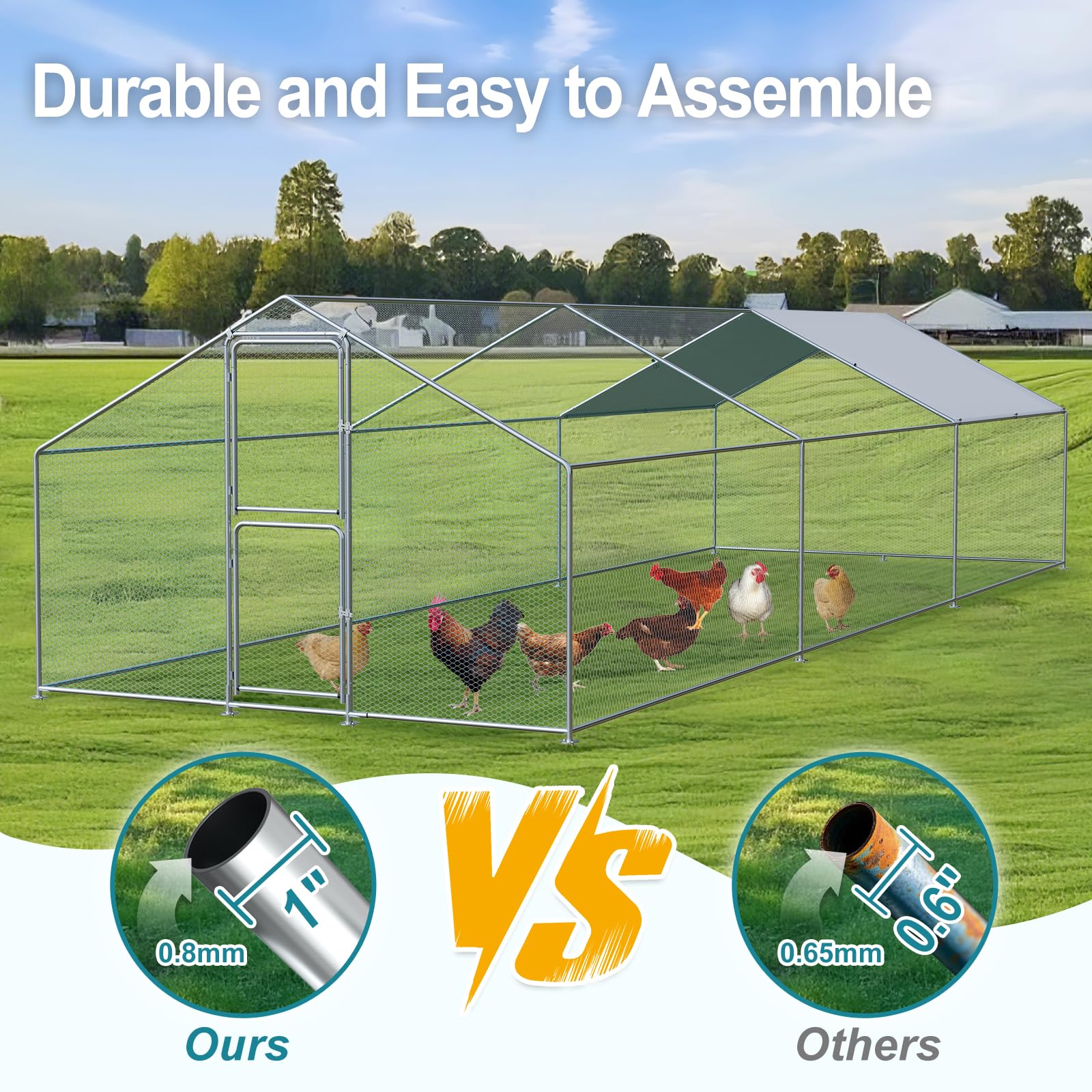 Airynee Large Chicken Coop, Chicken Coops for 30 Chickens, Chicken Runs for Yard with Water Poof & UV Resistance Cover, Spire Roof Chicken Coop Run with Double Lockable Doors for Outdoor Backyard