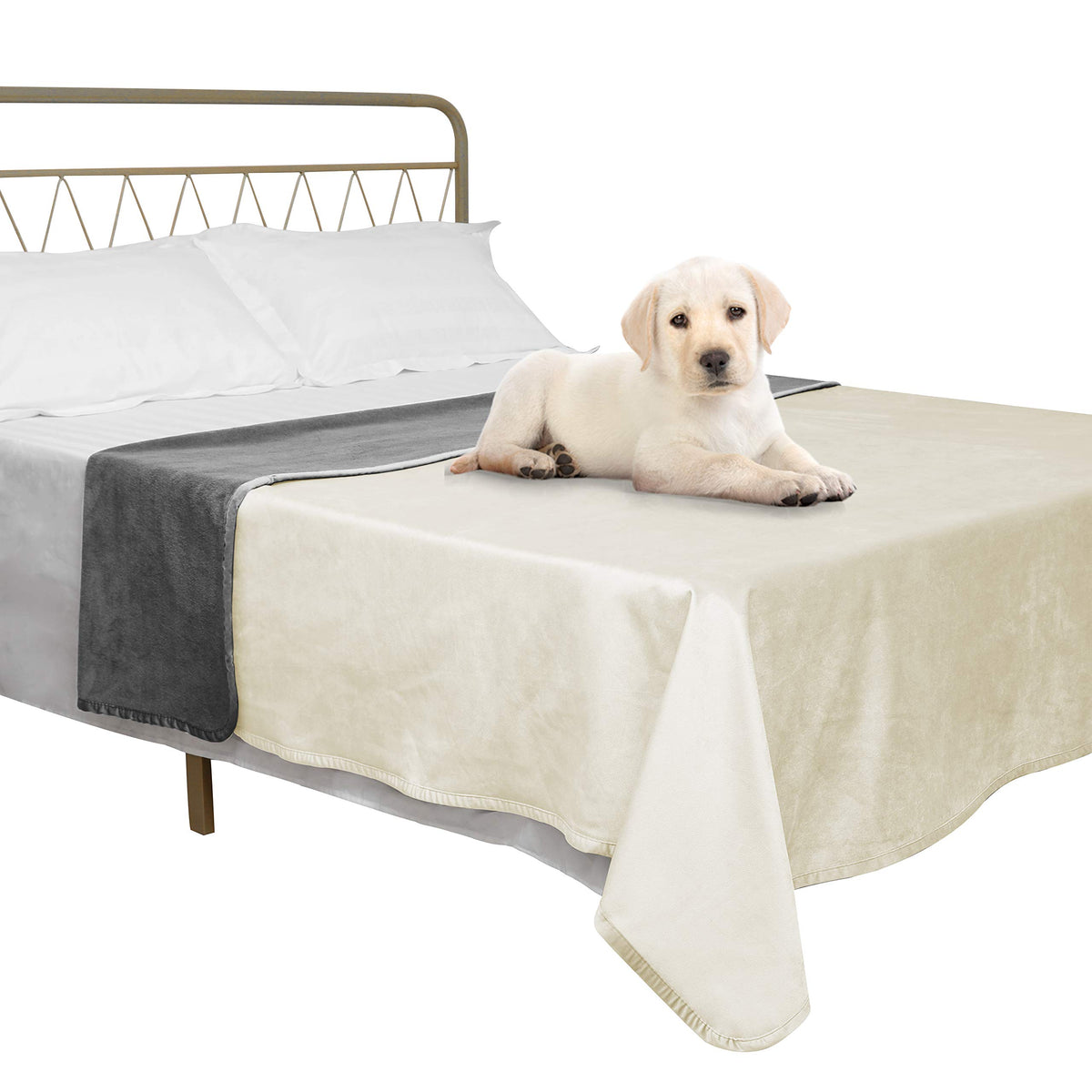 Ameritex Pet Bed Blanket Reversible 100% Waterproof Velvet Super Soft for Sofa and Bed (82x102 Inches, Light Grey+Beige)