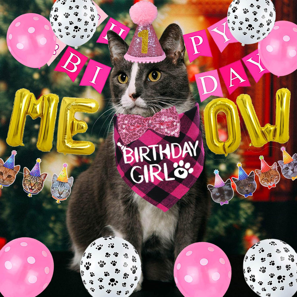 STMK Cat Birthday Party Supplies, Cat Birthday Hat Bandana Bow Tie Collar Number Banner Garland Meow Letter Balloons for Cats Kitten Outfits Decorations (Pink)