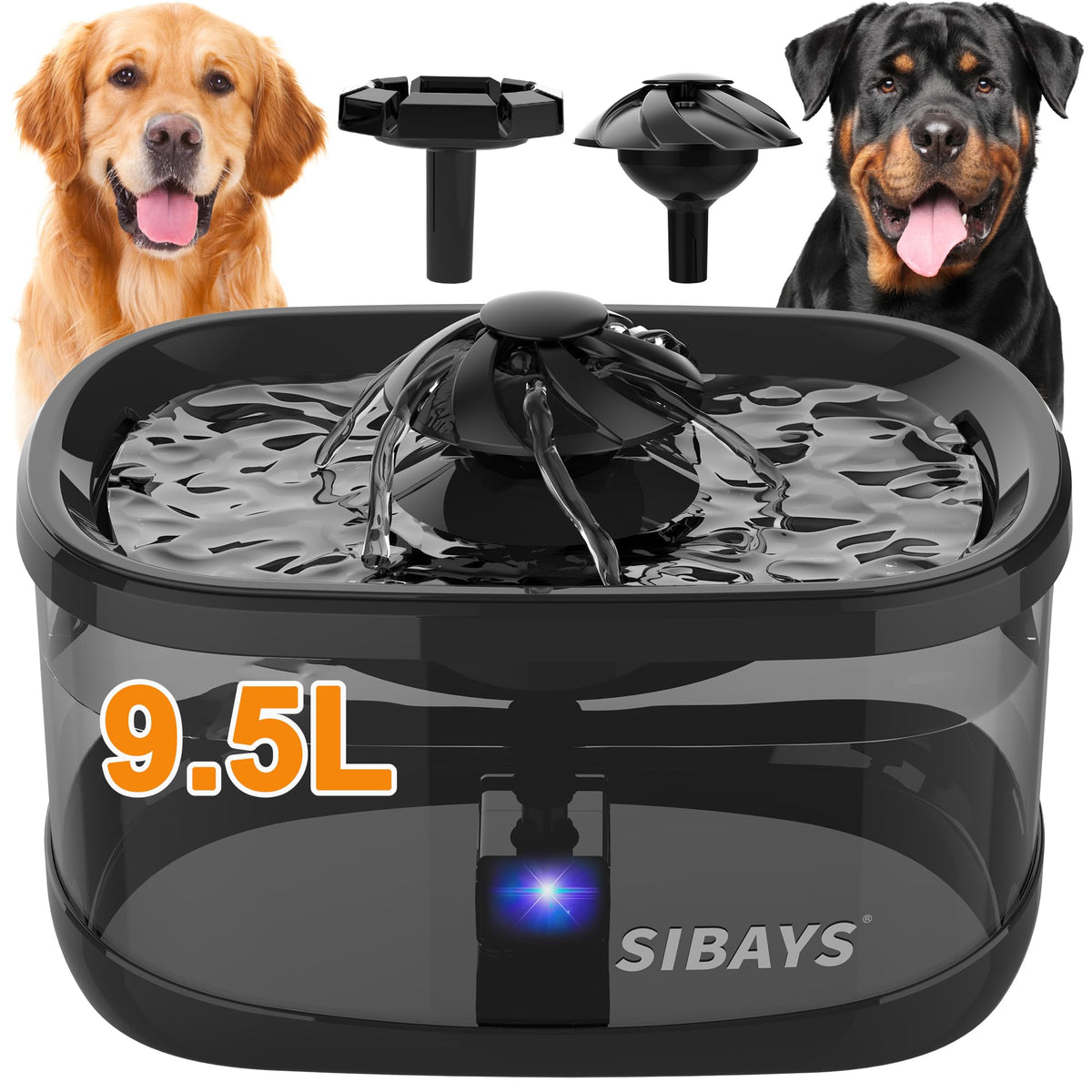 SIBAYS 9.5L/2.5Gal Dog Water Fountain, 3 Flow Modes Automatic Pet Water Fountain with LED Light & Water Shortage Reminder, Ultra Quiet Dog Water Bowl Dispenser for Large Dogs & Multi-Pet (FS82, Black)