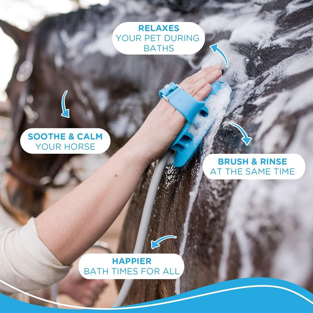 Aquapaw 5-in-1 Horse & Dog Bath Brush & Curry Comb - XL Blue Silicone - Includes 3-ft Shower Hose Attachment & Adapter - Adjustable Spray Scrub Massager - Great for Horses & Big Dogs