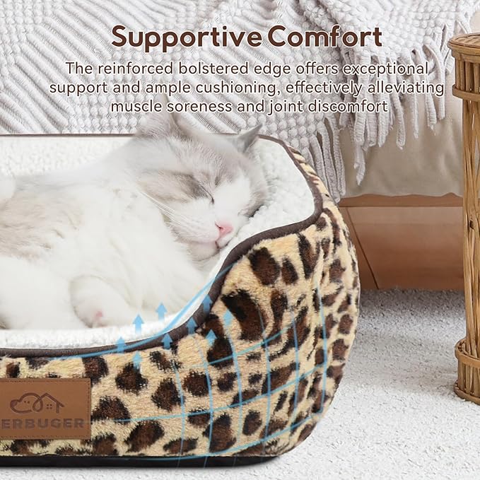 Zerbuger Rectangle Cat Dog Bed for Large Medium Small Pets Indoor Outdoor Machine Washable Sleeping Sofa Non-Slip Bottom Soft Puppy Bed Durable Orthopedic Calming Pet Cuddler (Medium, Leopard)