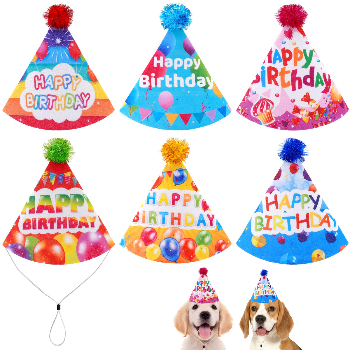 JpGdn 6PCS Dog Birthday Party Hats Felt for Small Medium Dogs Paw Bone
