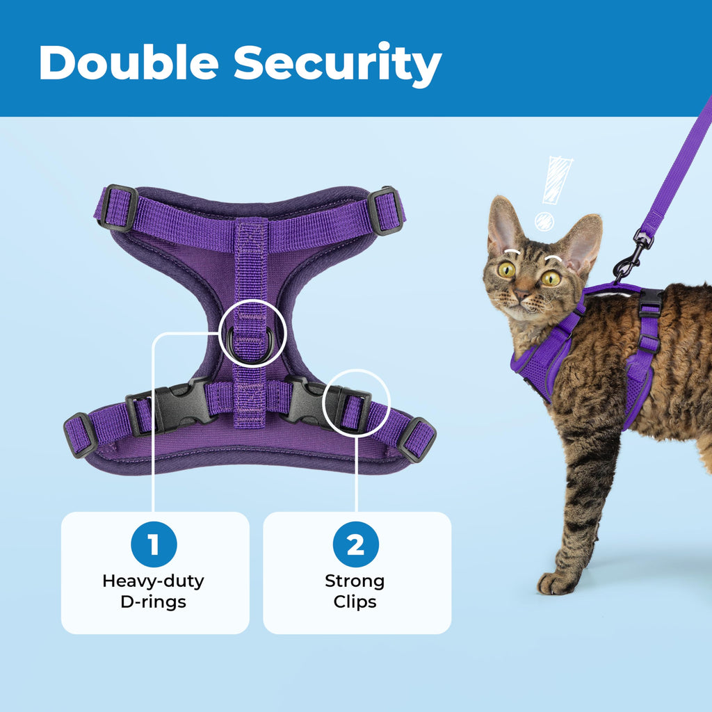 Voyager Escape-Proof Step-in Lock Cat Harness & 5ft Neoprene-Handle Leash Set All-Weather Mesh with Reflective Stitching for Small to Large Cats by Best Pet Supplies, Purple (327), M