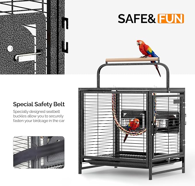 VINGLI Small Bird Cage, 19 inch Travel Carrier Bird Cage with Handle, Wrought Iron Parakeet Cage with Wooden Perch for Parrot Lovebirds Finches Small/Medium Birds (Hammertone Black)