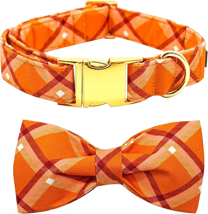 Bobo Rainbow Fall Dog Collar, Pet Collar Bow Orange Plaid Collars Girl Boy Holiday Pet Collars Gift Bow Dog Collar Cute Soft Puppy Collars for Large Dogs